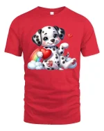 Cute Dalmatian Puppy Holding Heart Rainbow Cartoon Graphic T Shirt - red t-shirt on white background