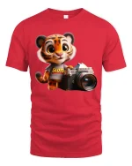 Cute Tiger Photographer Cartoon Graphic T Shirt with Creative Vibes - red t-shirt on white background