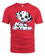 Cute Dalmatian Puppy Cartoon Graphic T Shirt with Sweet Happy Style - red t-shirt on white background