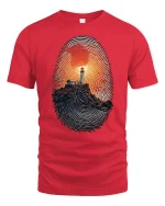 Lighthouse Fingerprint Sunset Art Graphic T Shirt with Deep Meaning - red t-shirt on white background