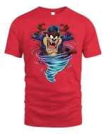 Crazy Tornado Wolf Cartoon Graphic T Shirt with Wild Energy Style - red t-shirt on white background