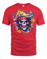 Colorful Pirate Skull Graphic T Shirt with Bold Street Art Style - red t-shirt on white background