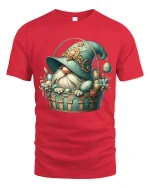 Cute Gnome in Floral Basket Fantasy Art Graphic T Shirt - red t-shirt on white background