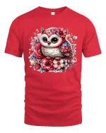 Cute Floral Owl Art Graphic T Shirt with Whimsical Garden Style - red t-shirt on white background