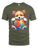 Cute Puppy Autism Awareness T Shirt with Puzzle Heart Love Design - military green t-shirt on white background