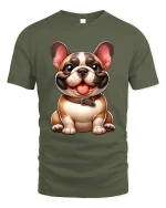 Cute Smiling Bulldog Cartoon Graphic T Shirt with Happy Vibes - military green t-shirt on white background