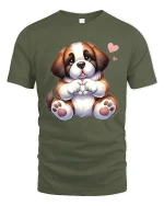 Cute Puppy Making Heart Shape Cartoon Graphic T Shirt with Love - military green t-shirt on white background
