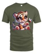Cute Baby Tiger Cartoon Graphic T Shirt with Sweet Playful Charm - military green t-shirt on white background