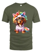 Cute Unicorn Puppy Cartoon Graphic T Shirt with Rainbow Magic Style - military green t-shirt on white background