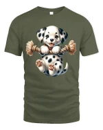 Cute Dalmatian Puppy Playing with Rope Cartoon Graphic T Shirt - military green t-shirt on white background