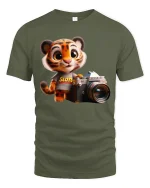 Cute Tiger Photographer Cartoon Graphic T Shirt with Creative Vibes - military green t-shirt on white background