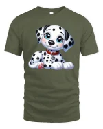 Cute Dalmatian Puppy Cartoon Graphic T Shirt with Sweet Happy Style - military green t-shirt on white background