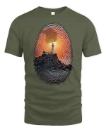 Lighthouse Fingerprint Sunset Art Graphic T Shirt with Deep Meaning - military green t-shirt on white background
