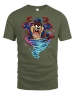 Crazy Tornado Wolf Cartoon Graphic T Shirt with Wild Energy Style - military green t-shirt on white background