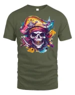 Colorful Pirate Skull Graphic T Shirt with Bold Street Art Style - military green t-shirt on white background