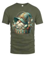 Cute Gnome in Floral Basket Fantasy Art Graphic T Shirt - military green t-shirt on white background