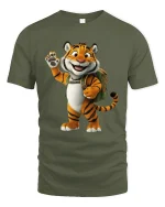 Cute Smiling Tiger Backpack Cartoon Adventure Graphic T Shirt - military green t-shirt on white background