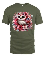 Cute Floral Owl Art Graphic T Shirt with Whimsical Garden Style - military green t-shirt on white background
