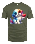 Cute Puppy Holding Heart Cartoon Graphic T Shirt with Sweet Love Vibes - military green t-shirt on white background