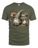 Whimsical Gnome with Butterfly and Hourglass Fantasy Graphic T Shirt - military green t-shirt on white background