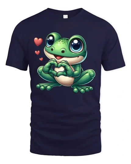 Cute Frog Holding Heart Cartoon Graphic T Shirt with Sweet Love Feel - navy t-shirt on white background