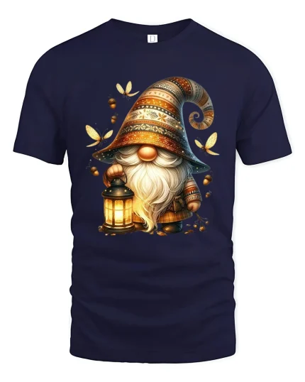 Magical Gnome Holding Lantern Fantasy Illustration Graphic T Shirt - navy t-shirt on white background