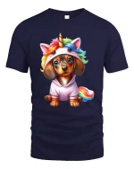 Cute Unicorn Puppy Cartoon Graphic T Shirt with Rainbow Magic Style - navy t-shirt on white background