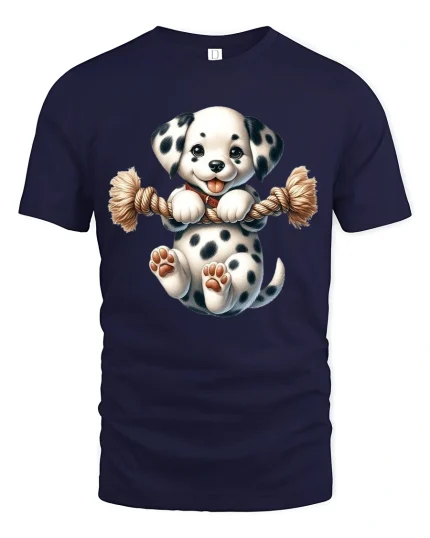 Cute Dalmatian Puppy Playing with Rope Cartoon Graphic T Shirt - navy t-shirt on white background