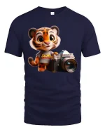 Cute Tiger Photographer Cartoon Graphic T Shirt with Creative Vibes - navy t-shirt on white background
