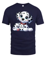 Cute Dalmatian Puppy Cartoon Graphic T Shirt with Sweet Happy Style - navy t-shirt on white background
