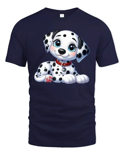 Cute Dalmatian Puppy Cartoon Graphic T Shirt with Sweet Happy Style - navy t-shirt on white background