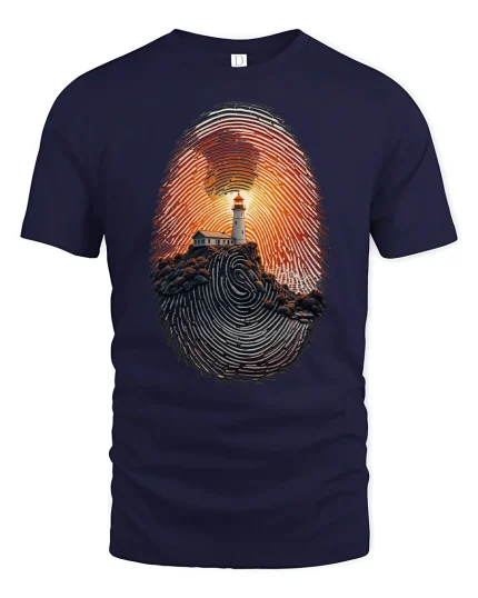 Lighthouse Fingerprint Sunset Art Graphic T Shirt with Deep Meaning - navy t-shirt on white background