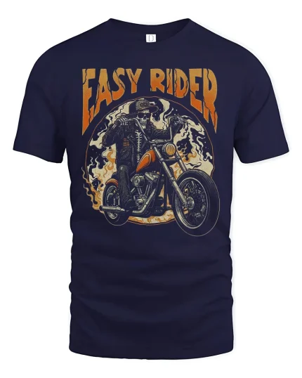 Easy Rider Skull Motorcycle Graphic T Shirt with Vintage Biker Style - navy t-shirt on white background