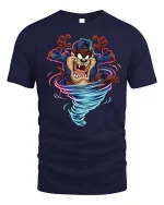 Crazy Tornado Wolf Cartoon Graphic T Shirt with Wild Energy Style - navy t-shirt on white background