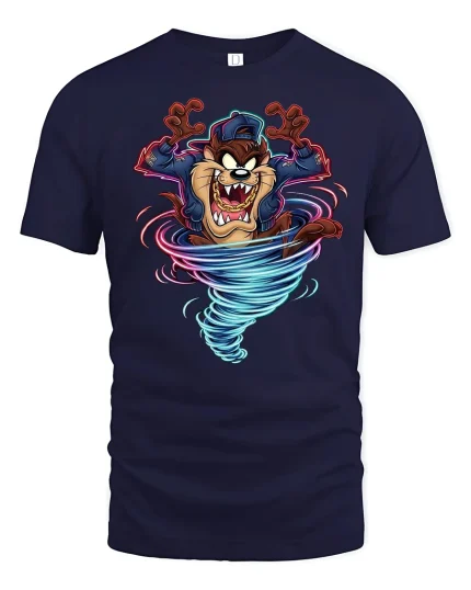 Crazy Tornado Wolf Cartoon Graphic T Shirt with Wild Energy Style - navy t-shirt on white background