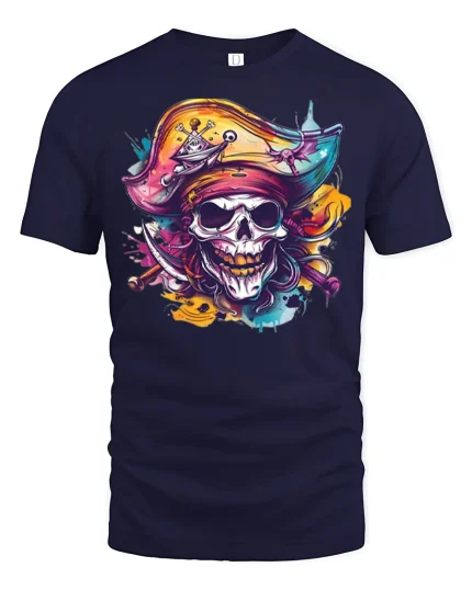 Colorful Pirate Skull Graphic T Shirt with Bold Street Art Style - navy t-shirt on white background