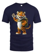 Cute Smiling Tiger Backpack Cartoon Adventure Graphic T Shirt - navy t-shirt on white background
