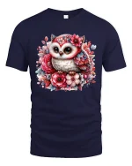Cute Floral Owl Art Graphic T Shirt with Whimsical Garden Style - navy t-shirt on white background