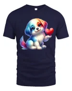 Cute Puppy Holding Heart Cartoon Graphic T Shirt with Sweet Love Vibes - navy t-shirt on white background