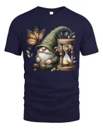 Whimsical Gnome with Butterfly and Hourglass Fantasy Graphic T Shirt - navy t-shirt on white background