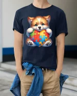 Cute Puppy Autism Awareness T Shirt with Puzzle Heart Love Design - model wearing navy tee with hands in pockets