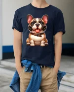 Cute Smiling Bulldog Cartoon Graphic T Shirt with Happy Vibes - model wearing navy tee with hands in pockets