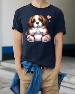 Cute Puppy Making Heart Shape Cartoon Graphic T Shirt with Love - model wearing navy tee with hands in pockets