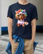 Cute Unicorn Puppy Cartoon Graphic T Shirt with Rainbow Magic Style - model wearing navy tee with hands in pockets