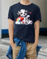 Cute Dalmatian Puppy Holding Heart Rainbow Cartoon Graphic T Shirt - model wearing navy tee with hands in pockets