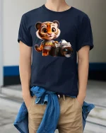 Cute Tiger Photographer Cartoon Graphic T Shirt with Creative Vibes - model wearing navy tee with hands in pockets