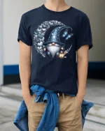 Mystical Gnome Moon Butterfly Fantasy Art Graphic T Shirt - model wearing navy tee with hands in pockets