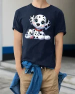 Cute Dalmatian Puppy Cartoon Graphic T Shirt with Sweet Happy Style - model wearing navy tee with hands in pockets