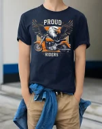 Proud Riders Eagle Motorcycle Graphic T Shirt with Bold Freedom Style - model wearing navy tee with hands in pockets