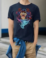 Crazy Tornado Wolf Cartoon Graphic T Shirt with Wild Energy Style - model wearing navy tee with hands in pockets